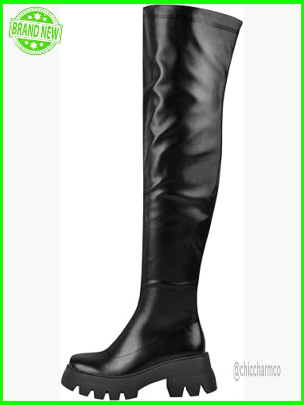 Round Toe Low Block Heeled Thigh Boots Chunky Heels Tread Sole Zip Up